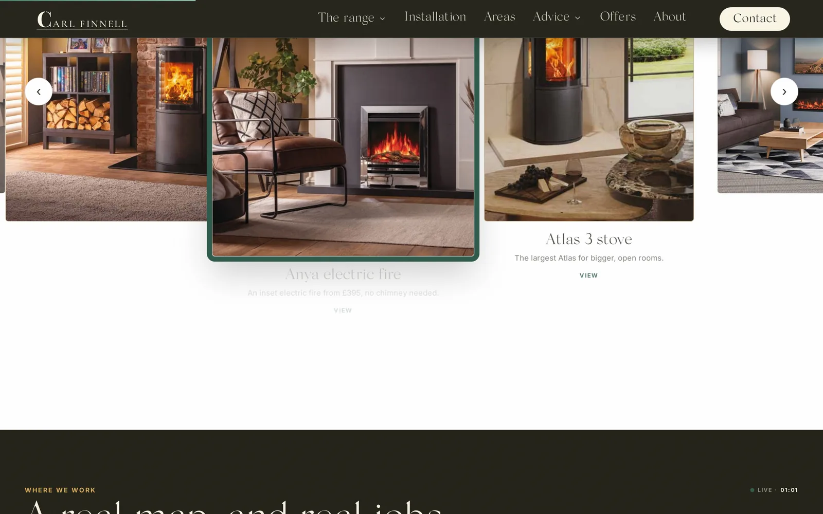The lower section of the Carl Finnell homepage, showing the installation process, case studies and the home survey call to action