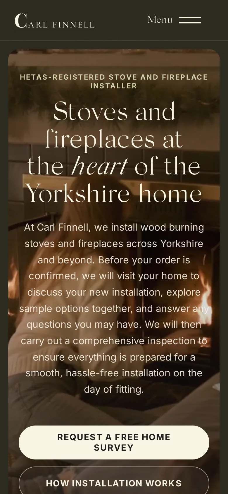 Mobile view of the Carl Finnell homepage with the video hero, tap-to-call number and survey request button