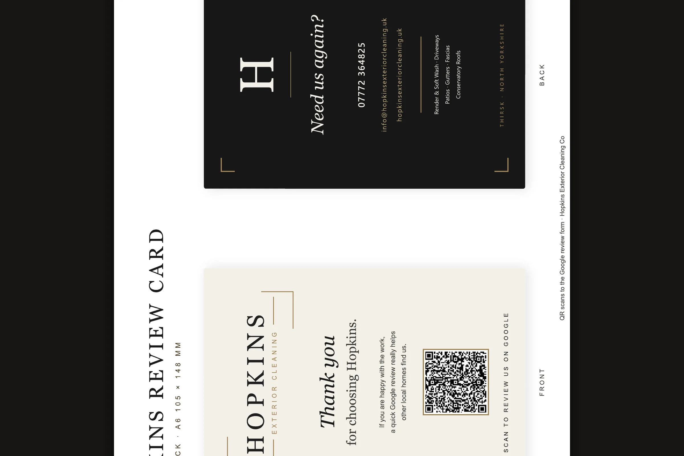 Printable A6 review cards designed for Hopkins, with a QR code linking to the Google review form