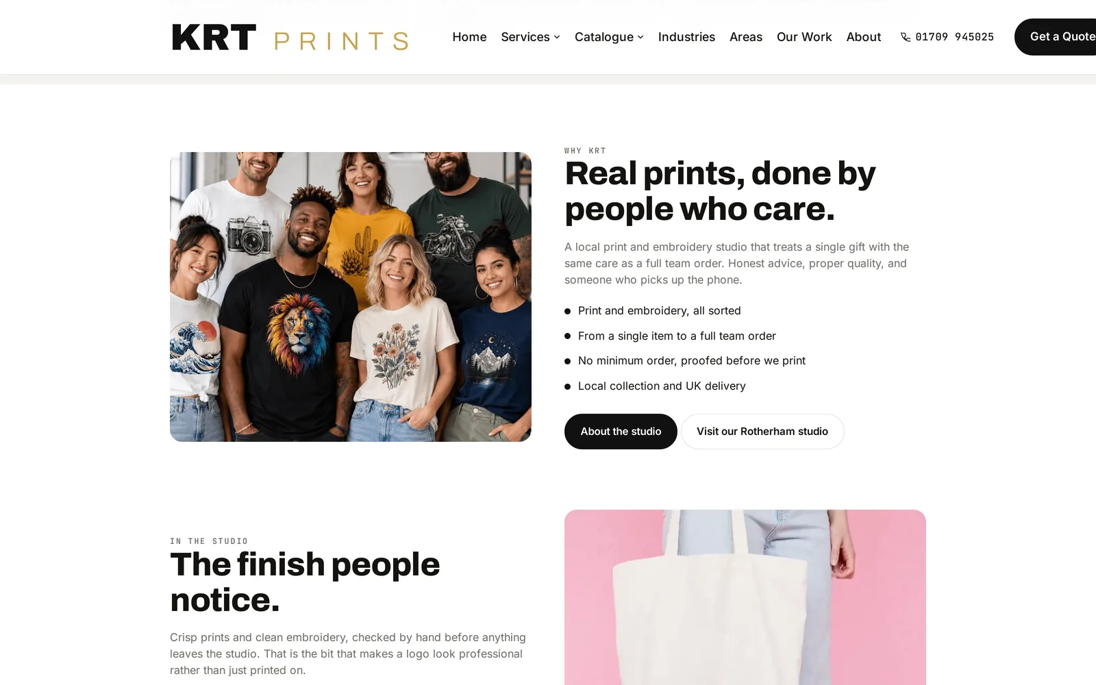 Lower section of the KRT Prints homepage, showing the studio's process, sector links and product ranges