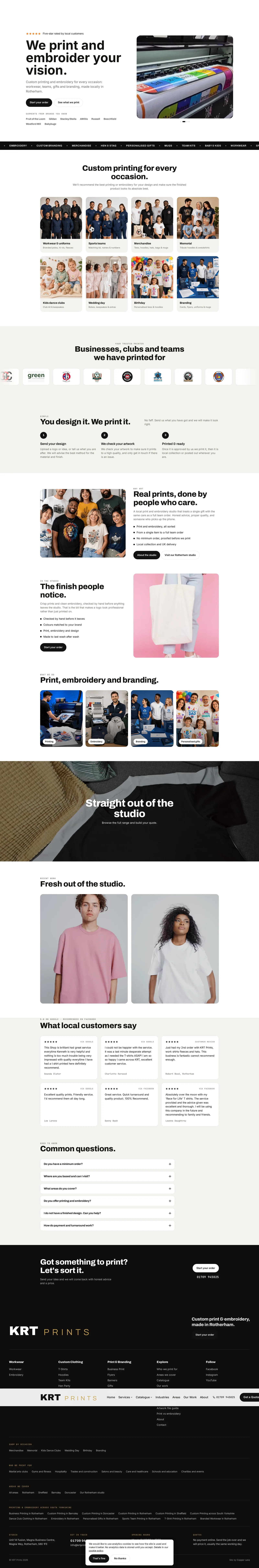 The full-length KRT Prints homepage, showing the complete page from hero through catalogue, sectors, reviews and contact