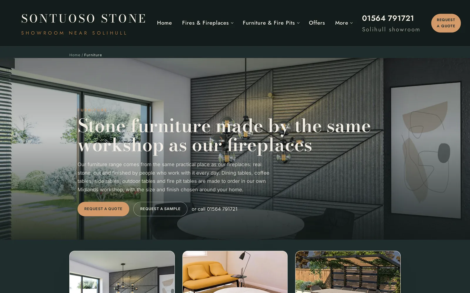 The Sontuoso Stone furniture page, showing stone furniture made by the same workshop as the fireplaces