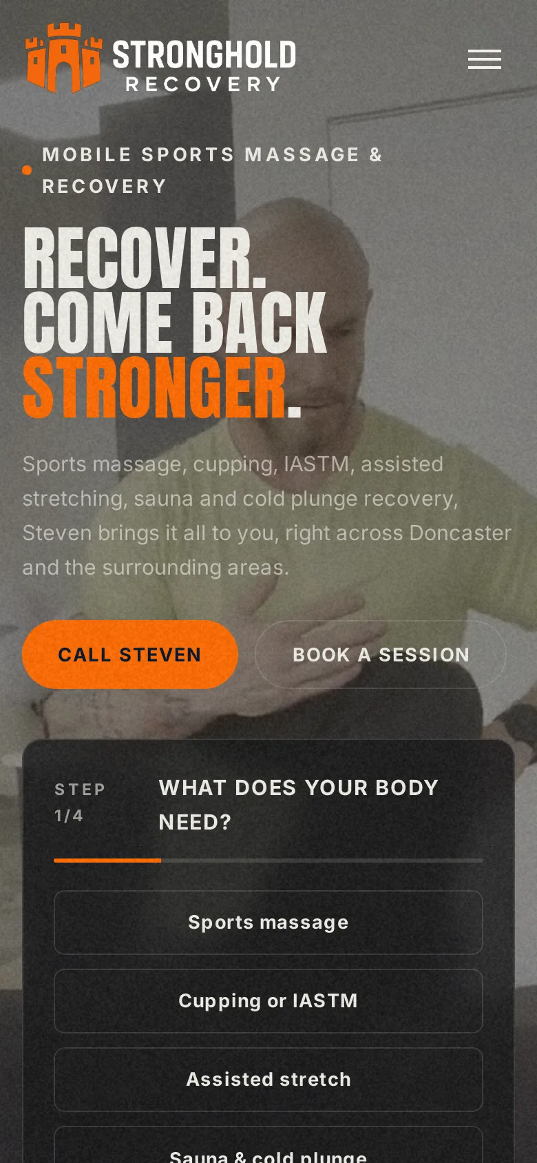 Mobile view of the Stronghold Recovery homepage with tap-to-call, WhatsApp and the stacked hero