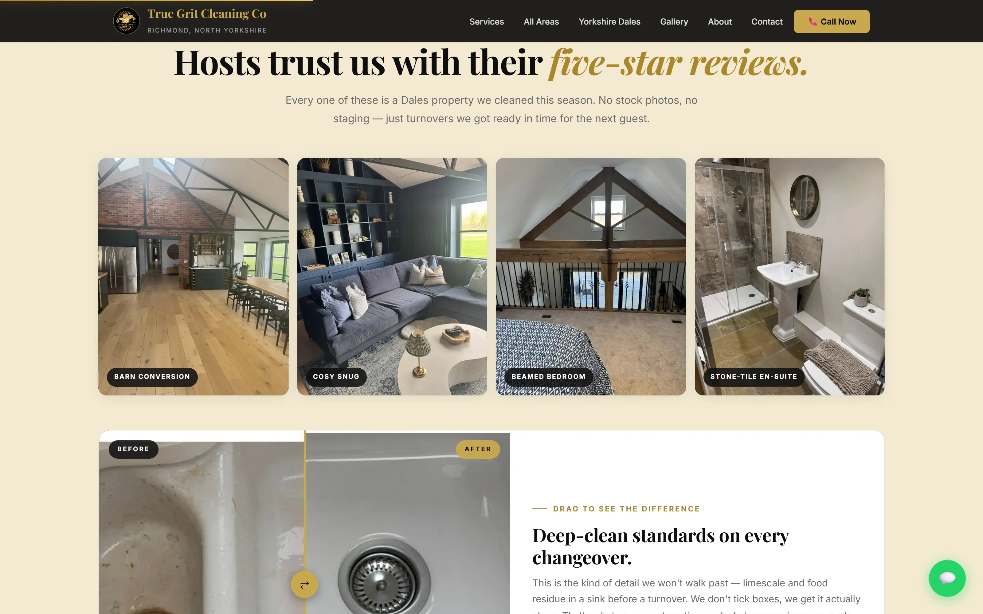 A grid of real property photos from recent True Grit cleans across the Dales — modern barn conversions, holiday lets, kitchens