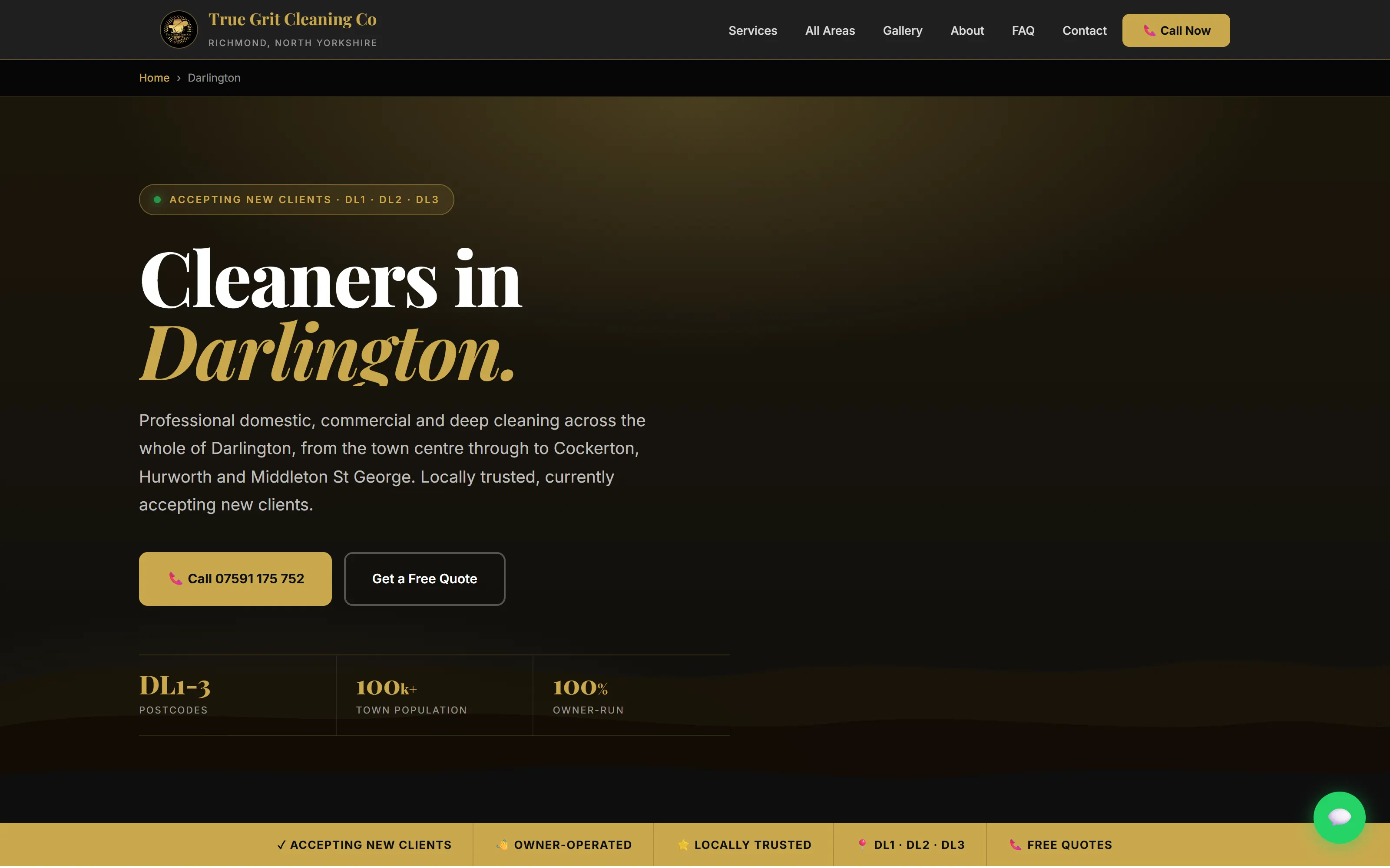 The Darlington location page — one of 18+ dedicated town pages, each with localised intro, accepting-new-clients banner, postcode tags, and a free-quote CTA